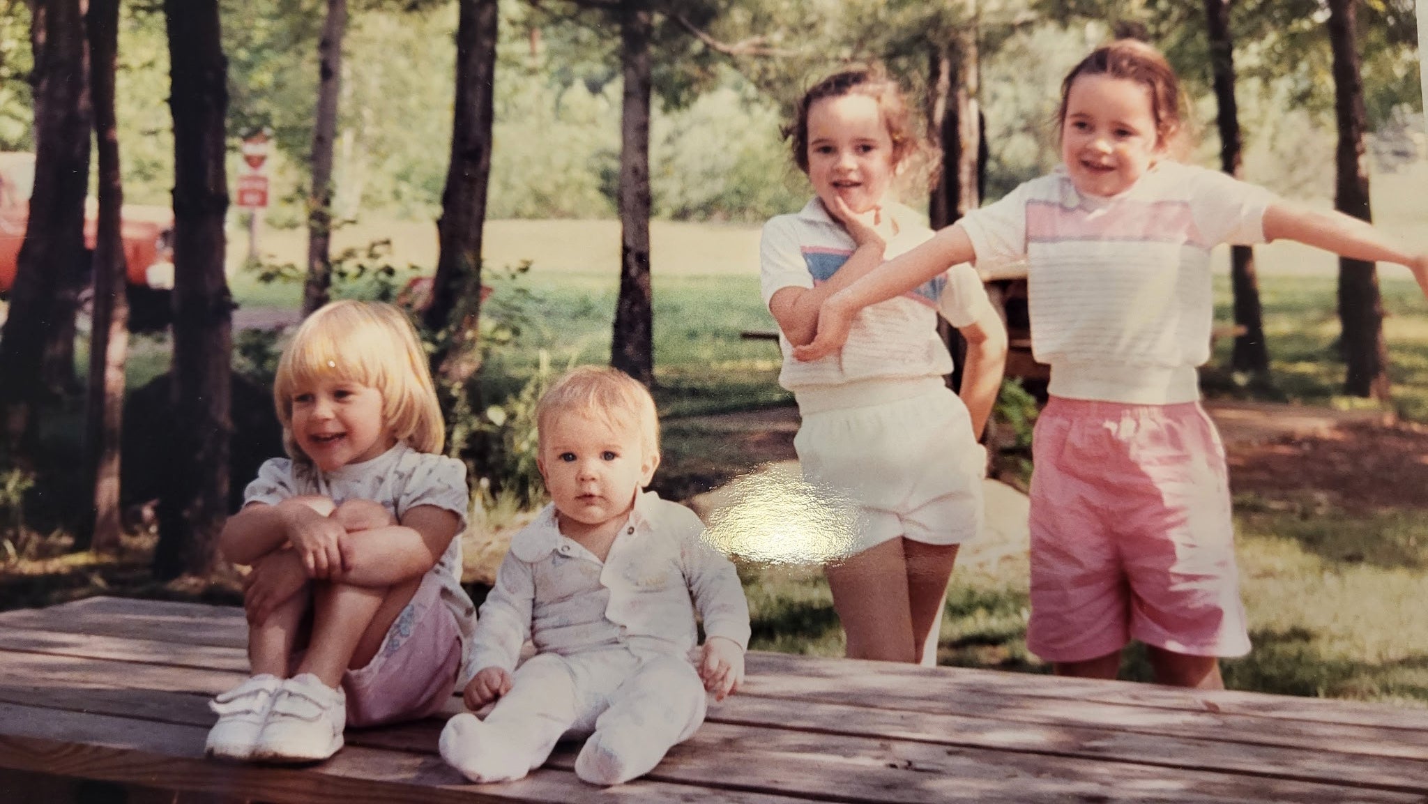 Children playing on a wooden bridge with trees in the background
